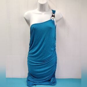 NWT Love Julian Sapphire Blue Ruched Side One Shoulder Mini Dress L